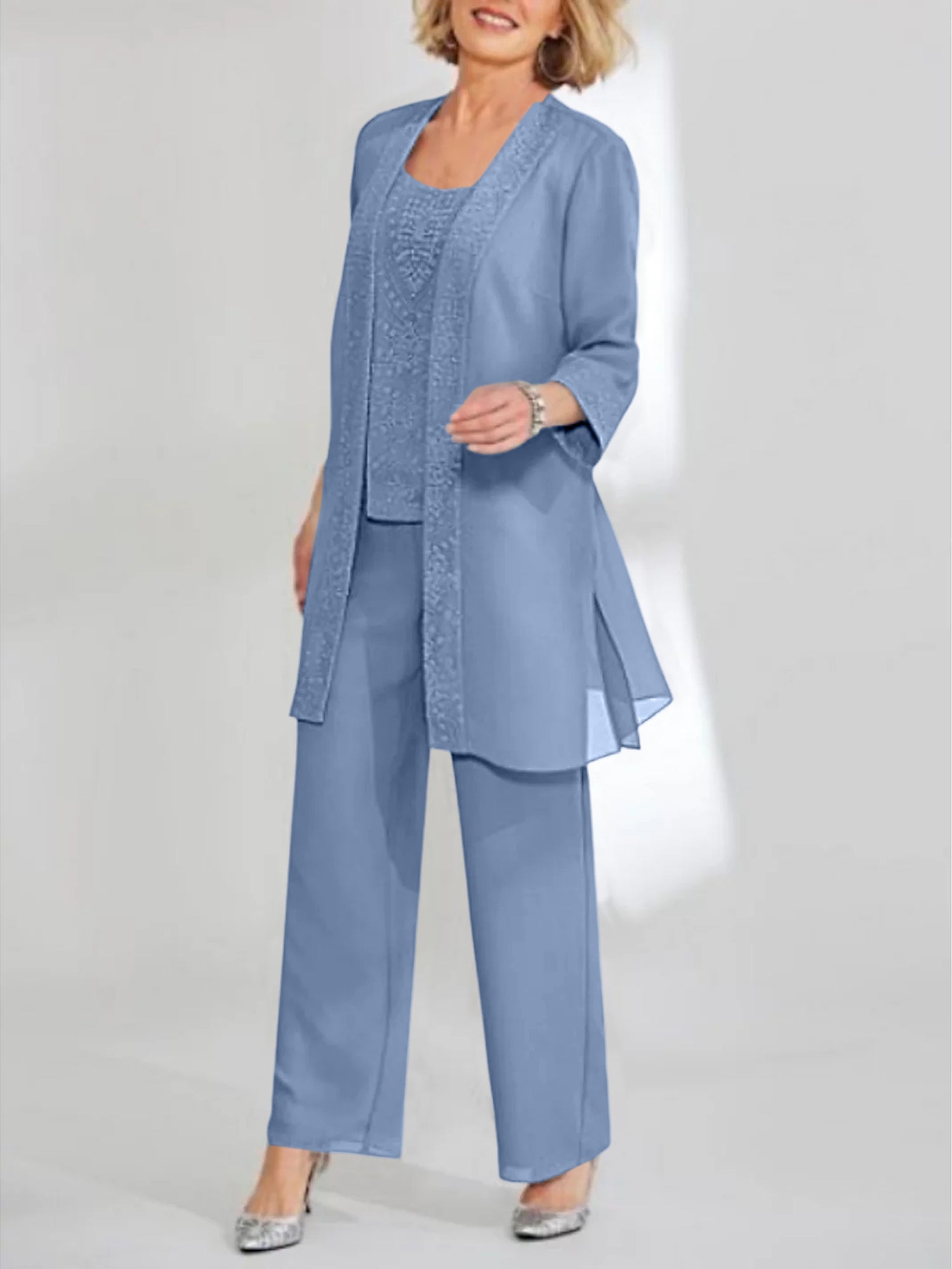 Women's Chiffon Pantsuit Scoop Neck Ankle-Length with Jacket | Mother of the Bride