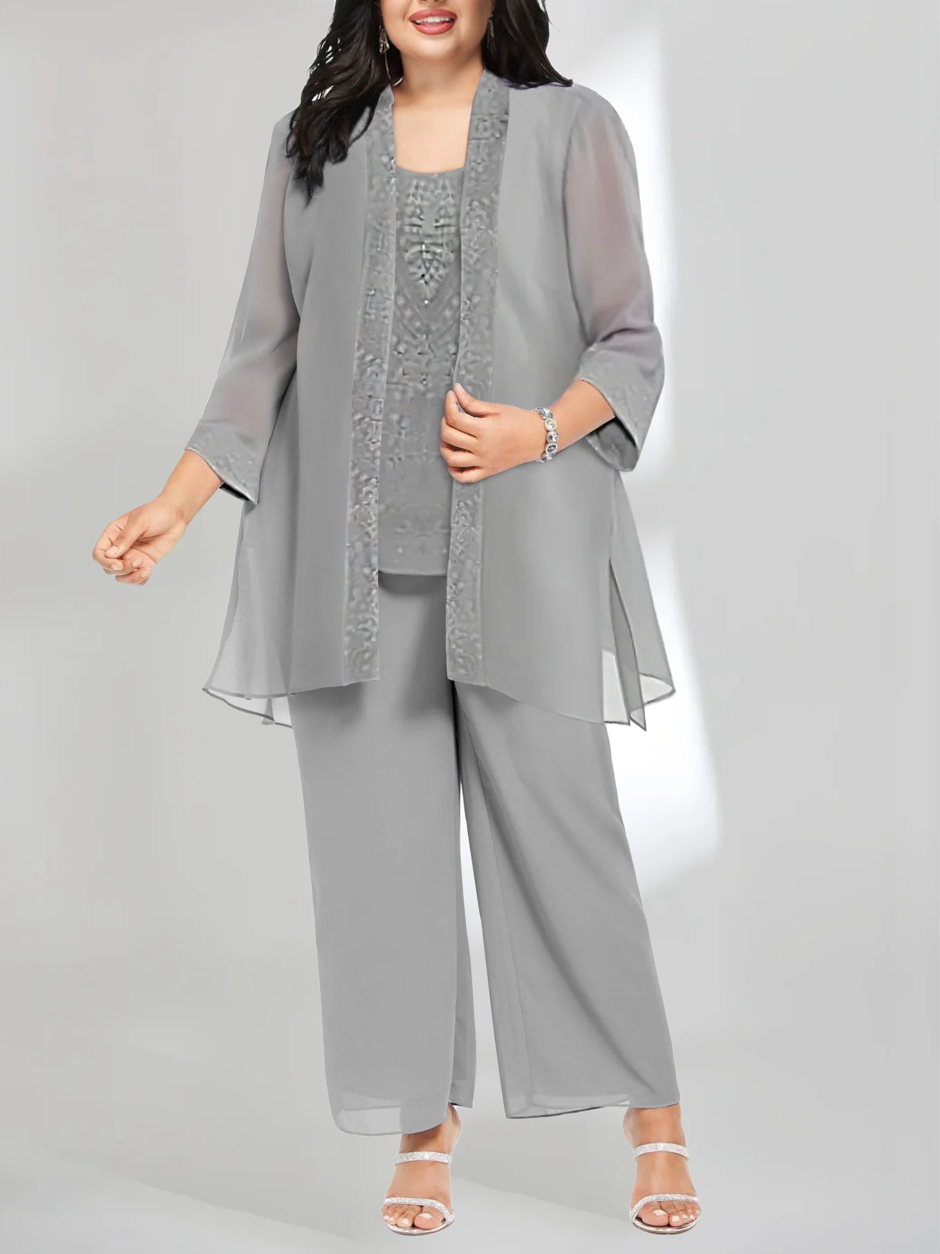 Women's Chiffon Pantsuit Scoop Neck Ankle-Length with Jacket | Mother of the Bride