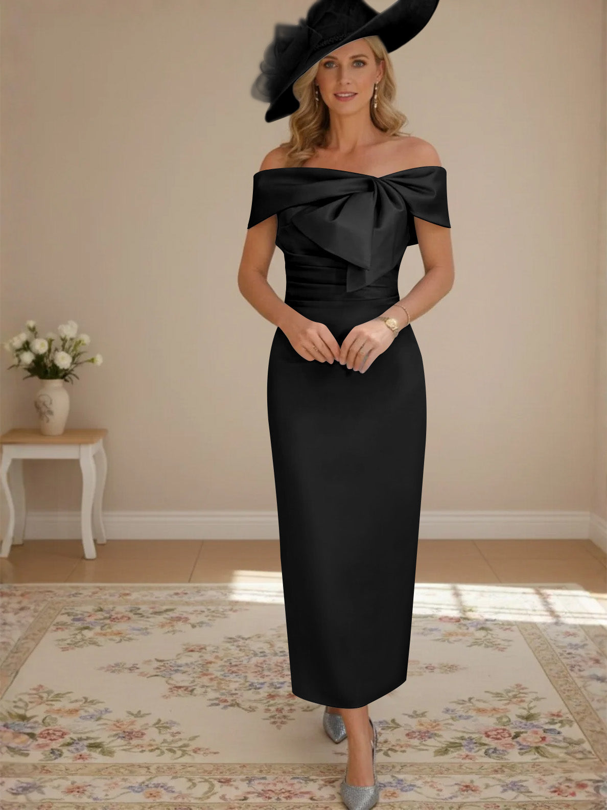 Women's Off-the-Shoulder Ankle-Length Mother of the Bride Dress with Bowknot