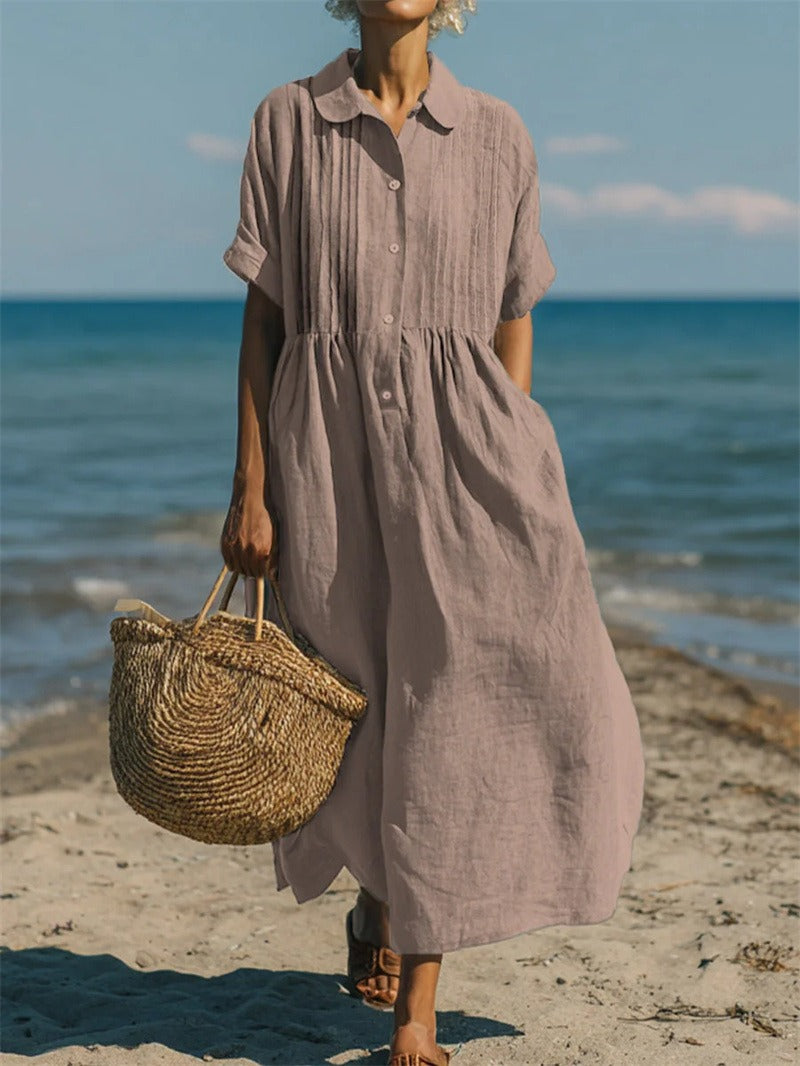 Women's Collared Button Dress | Short Sleeve | Midi Length | Casual