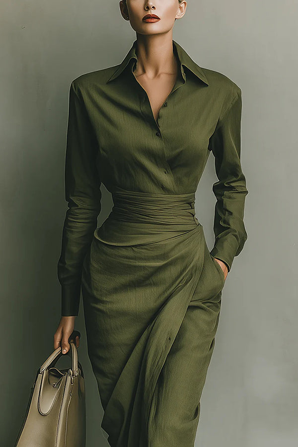 Women's Wrap-Style Maxi Dress Collared Button-Down Long Sleeve Elegant