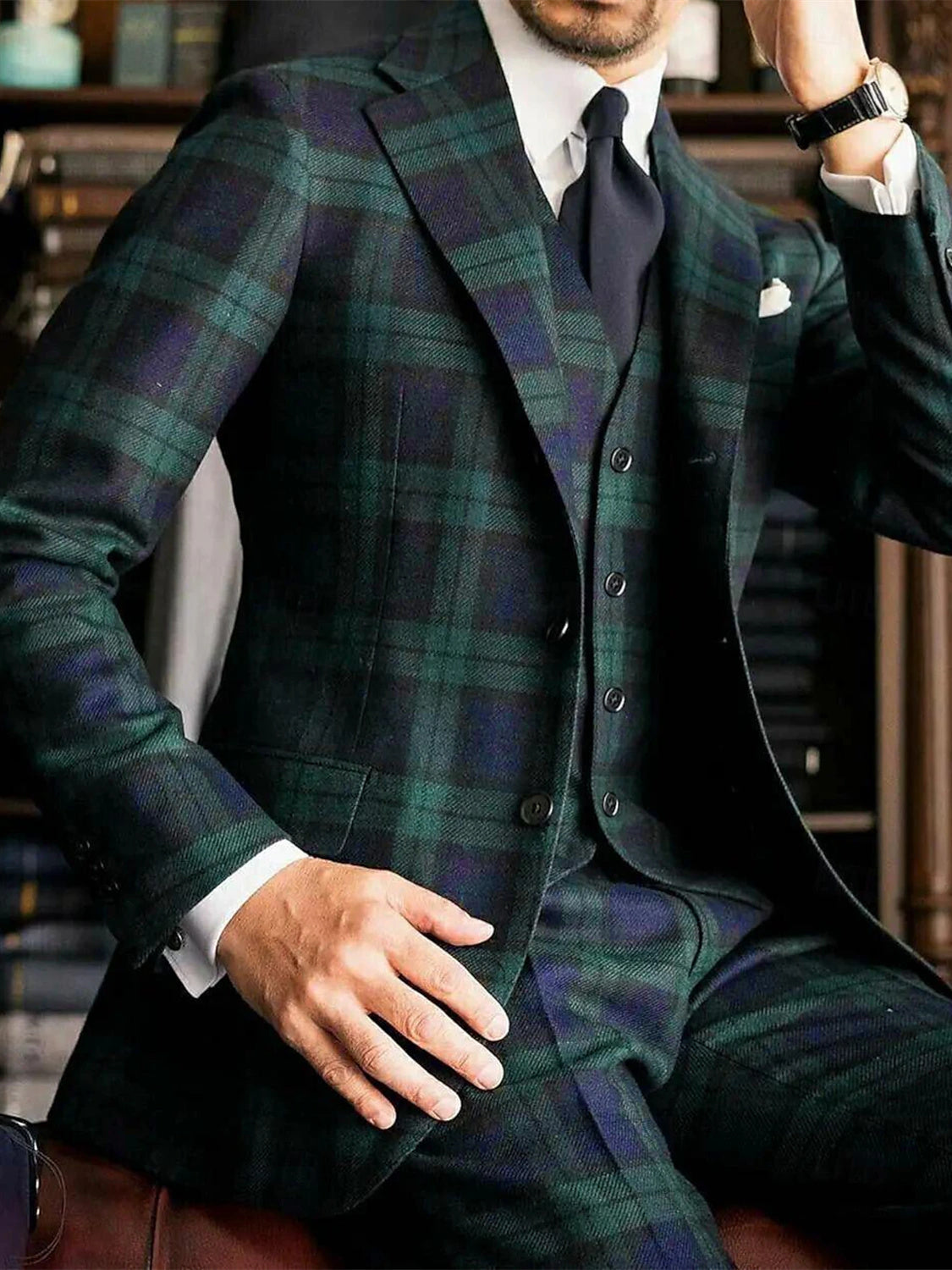 Men's Plaid Wedding Suits Tailored Fit Single Breasted 3 Piece Dark Green
