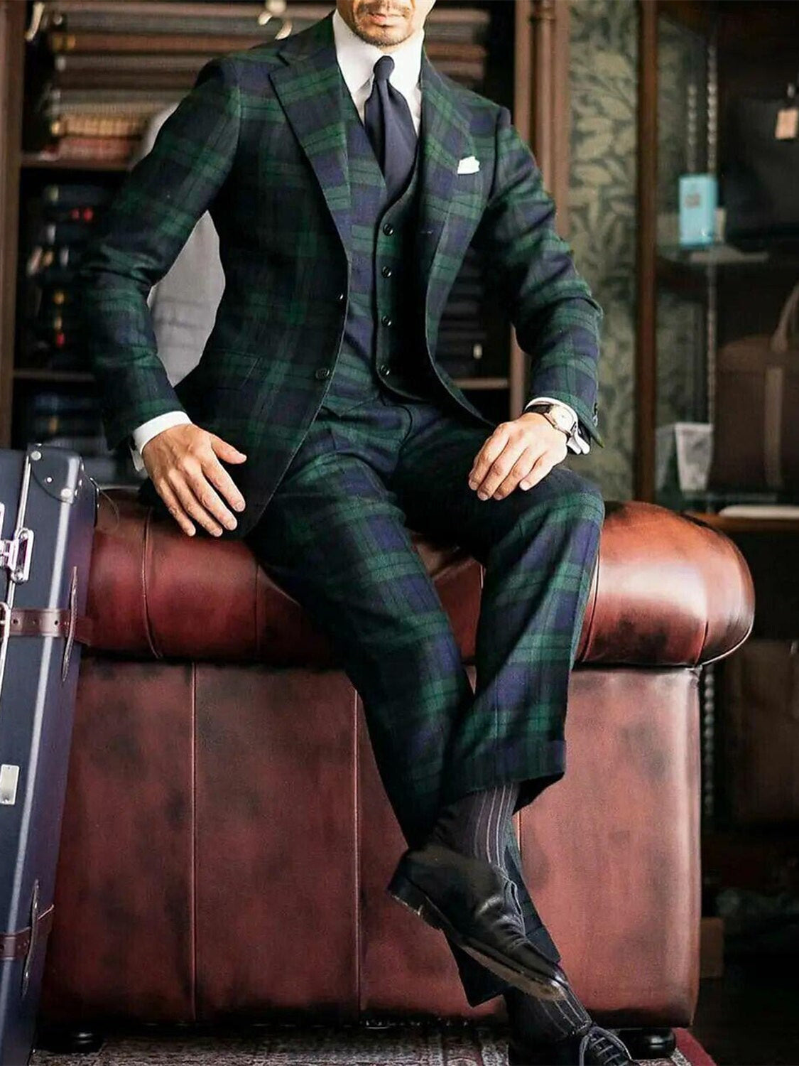 Men's Plaid Wedding Suits Tailored Fit Single Breasted 3 Piece Dark Green
