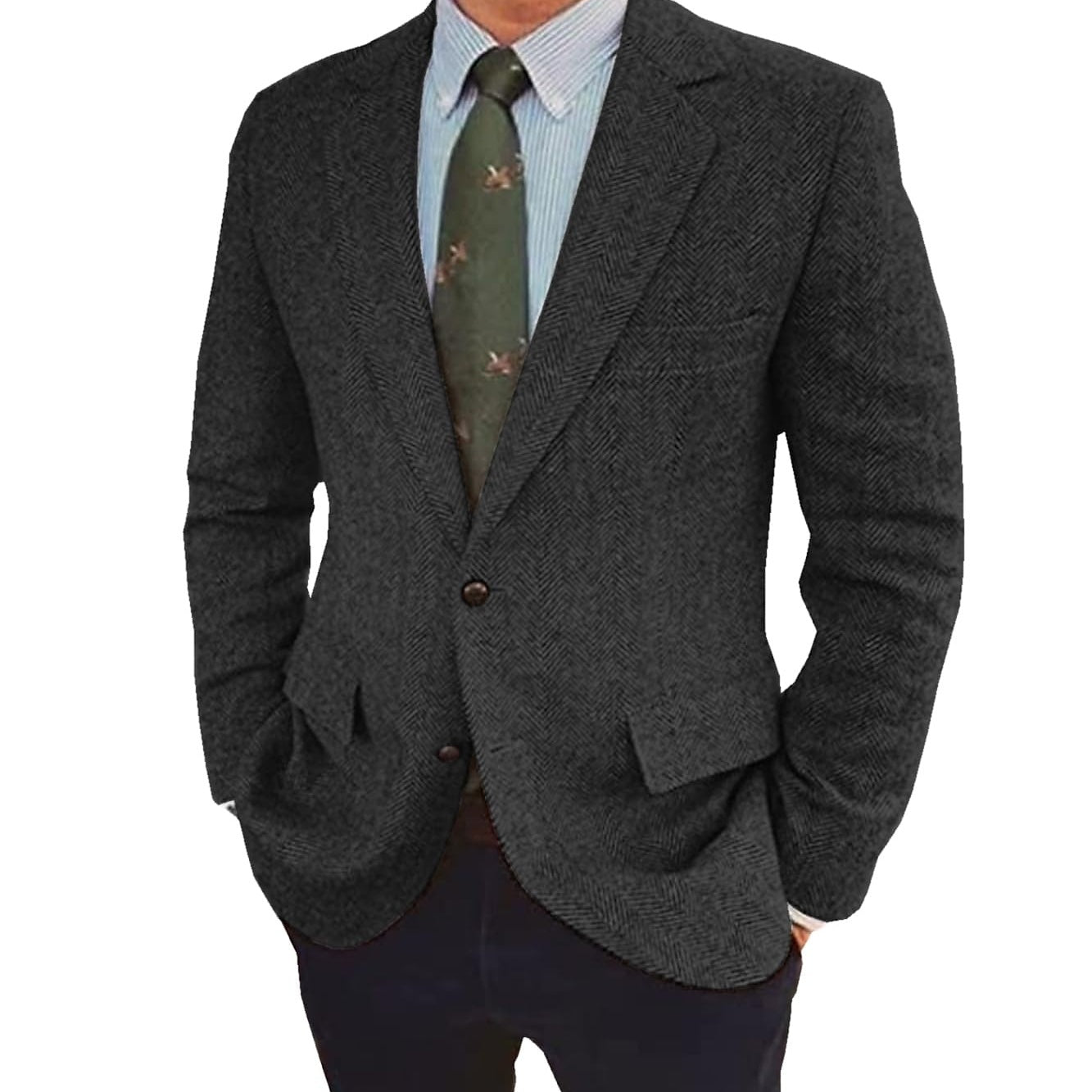 Men's Tweed Herringbone Blazer Single-Breasted Two-Buttons Winter Jacket