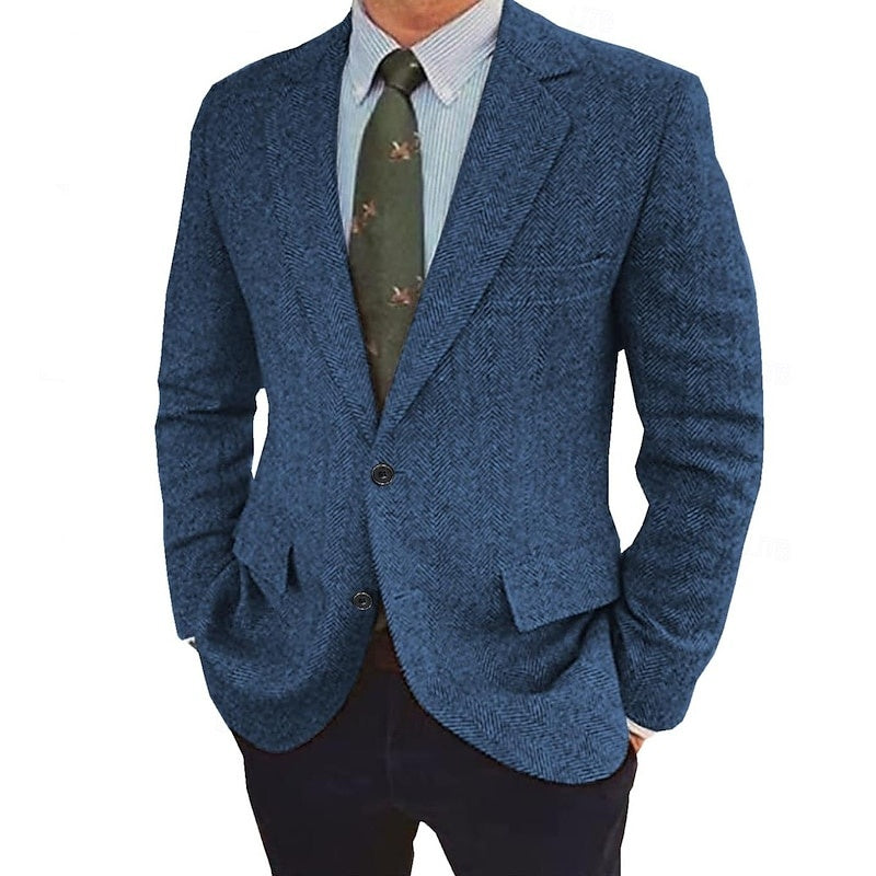 Men's Tweed Herringbone Blazer Single-Breasted Two-Buttons Winter Jacket