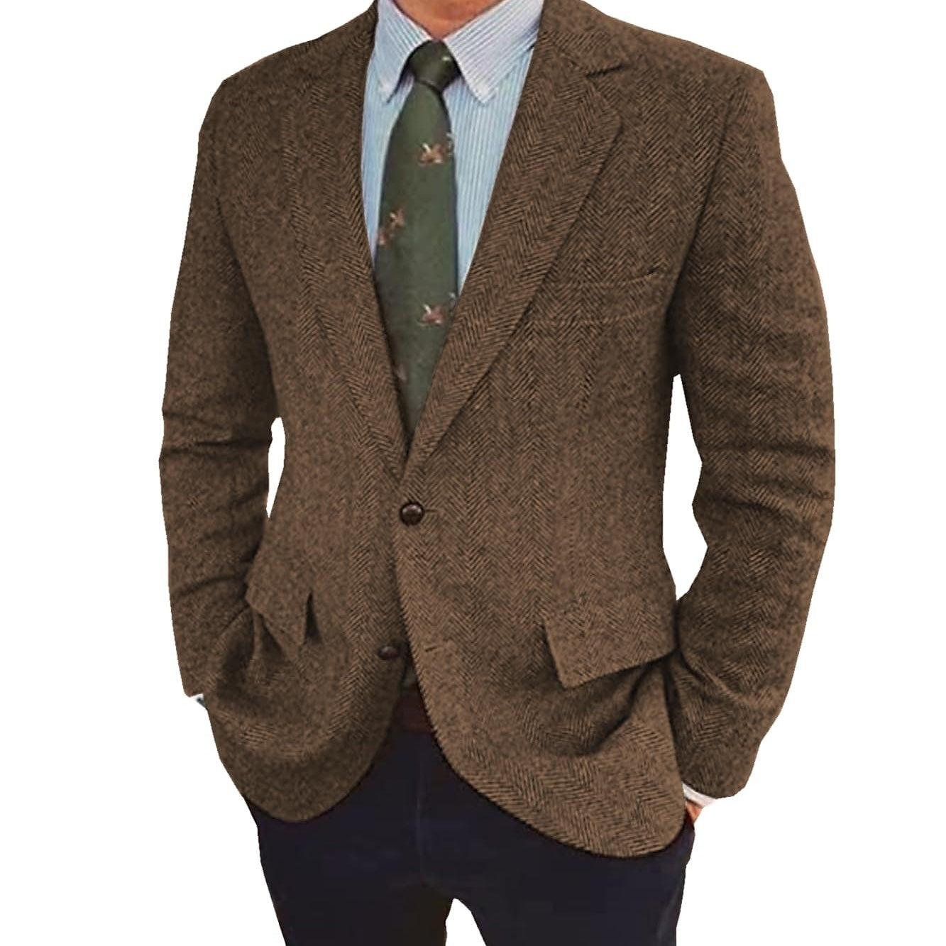 Men's Tweed Herringbone Blazer Single-Breasted Two-Buttons Winter Jacket