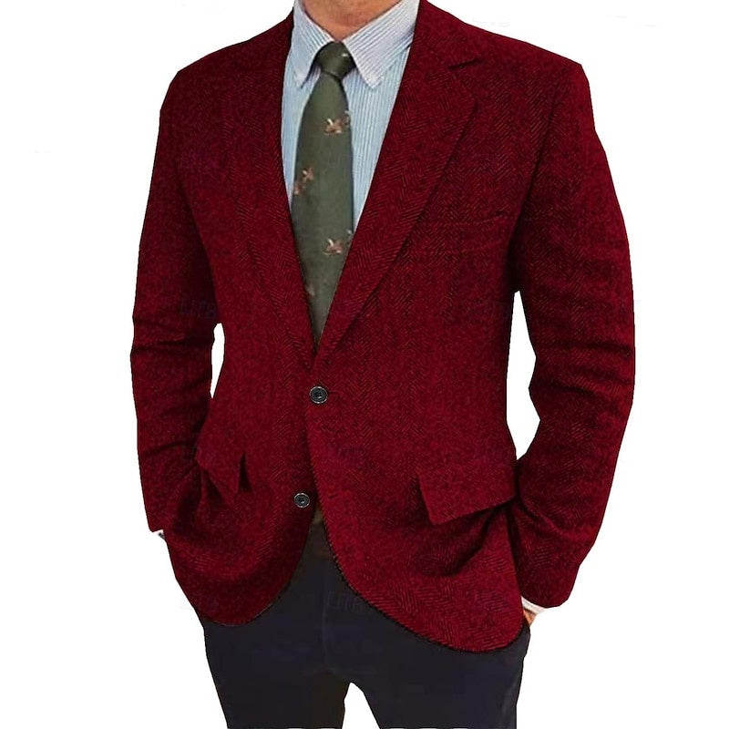 Men's Tweed Herringbone Blazer Single-Breasted Two-Buttons Winter Jacket