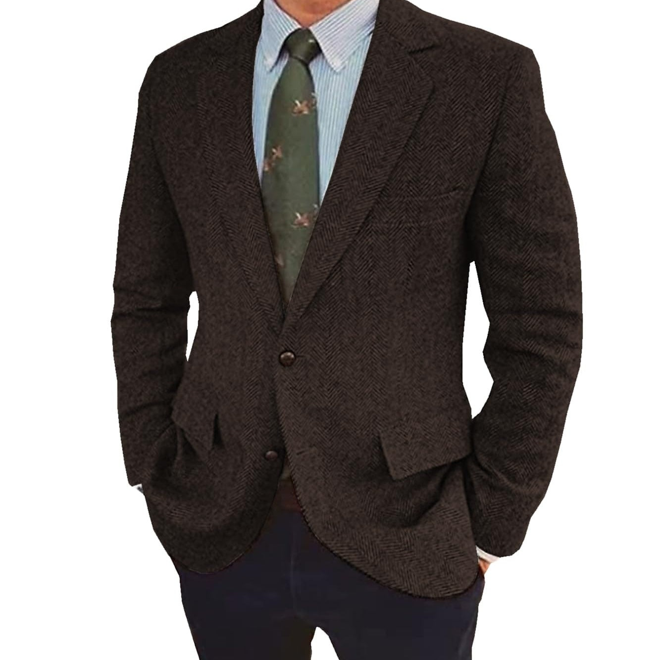 Men's Tweed Herringbone Blazer Single-Breasted Two-Buttons Winter Jacket