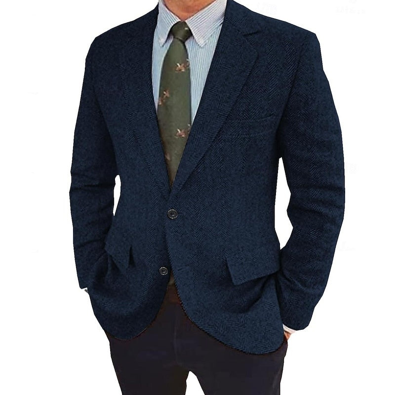 Men's Tweed Herringbone Blazer Single-Breasted Two-Buttons Winter Jacket