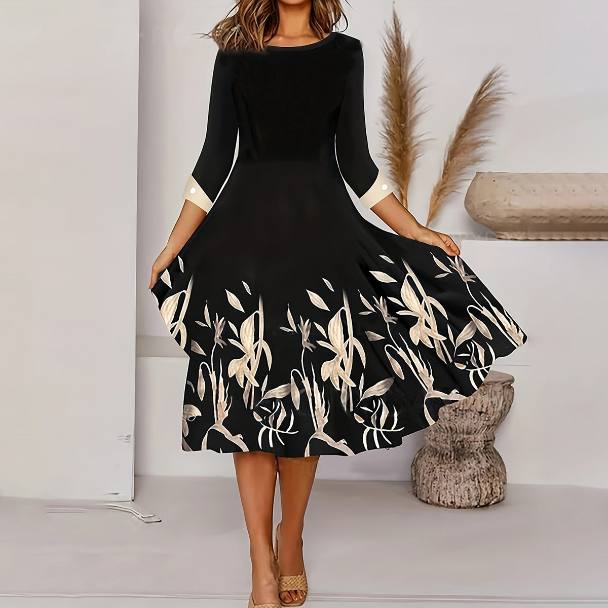 Black Floral Print A-Line Midi Dress