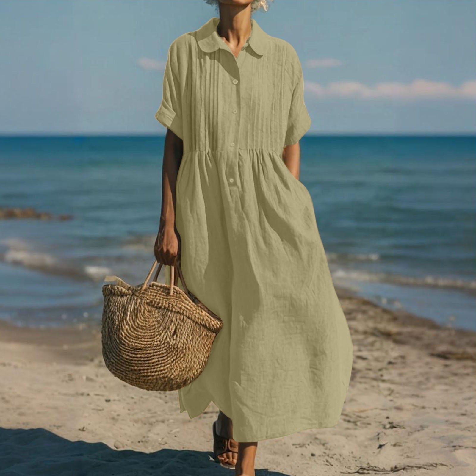 Women's Collared Button Dress | Short Sleeve | Midi Length | Casual