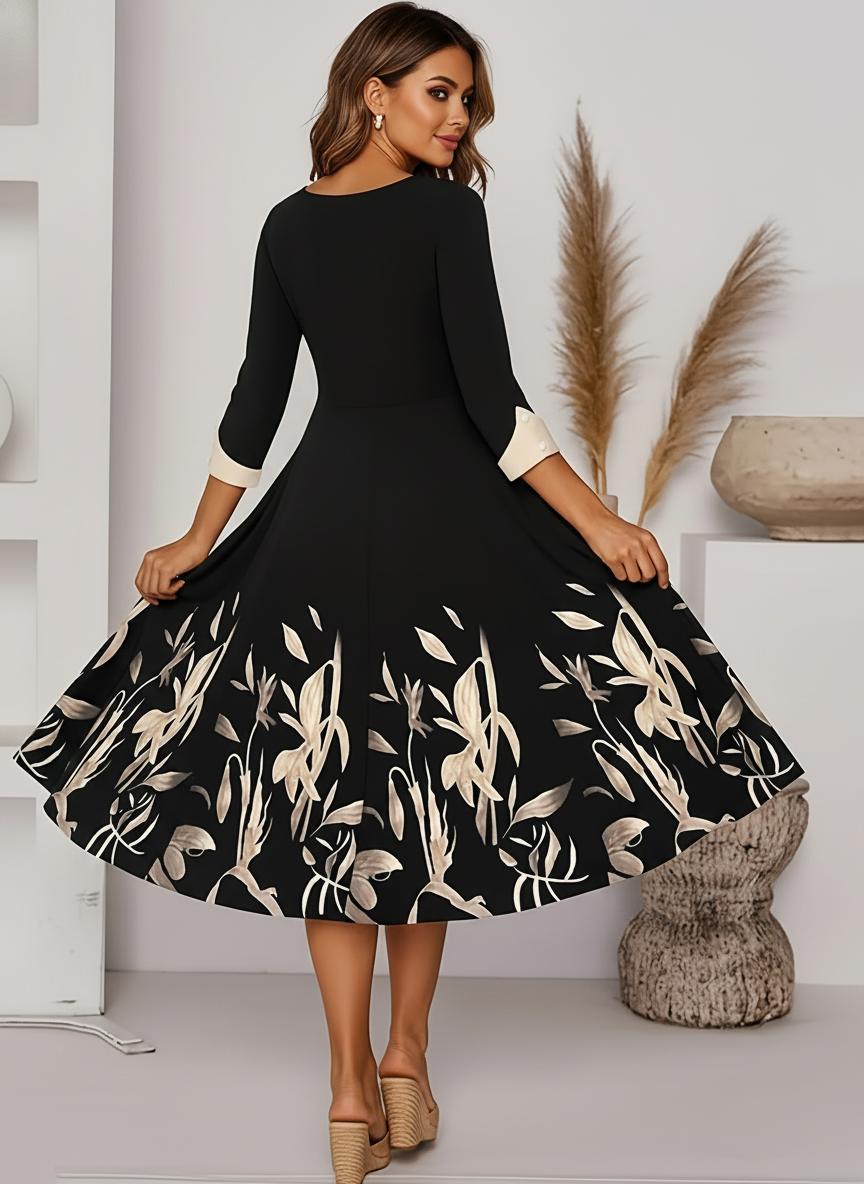 Black Floral Print A-Line Midi Dress