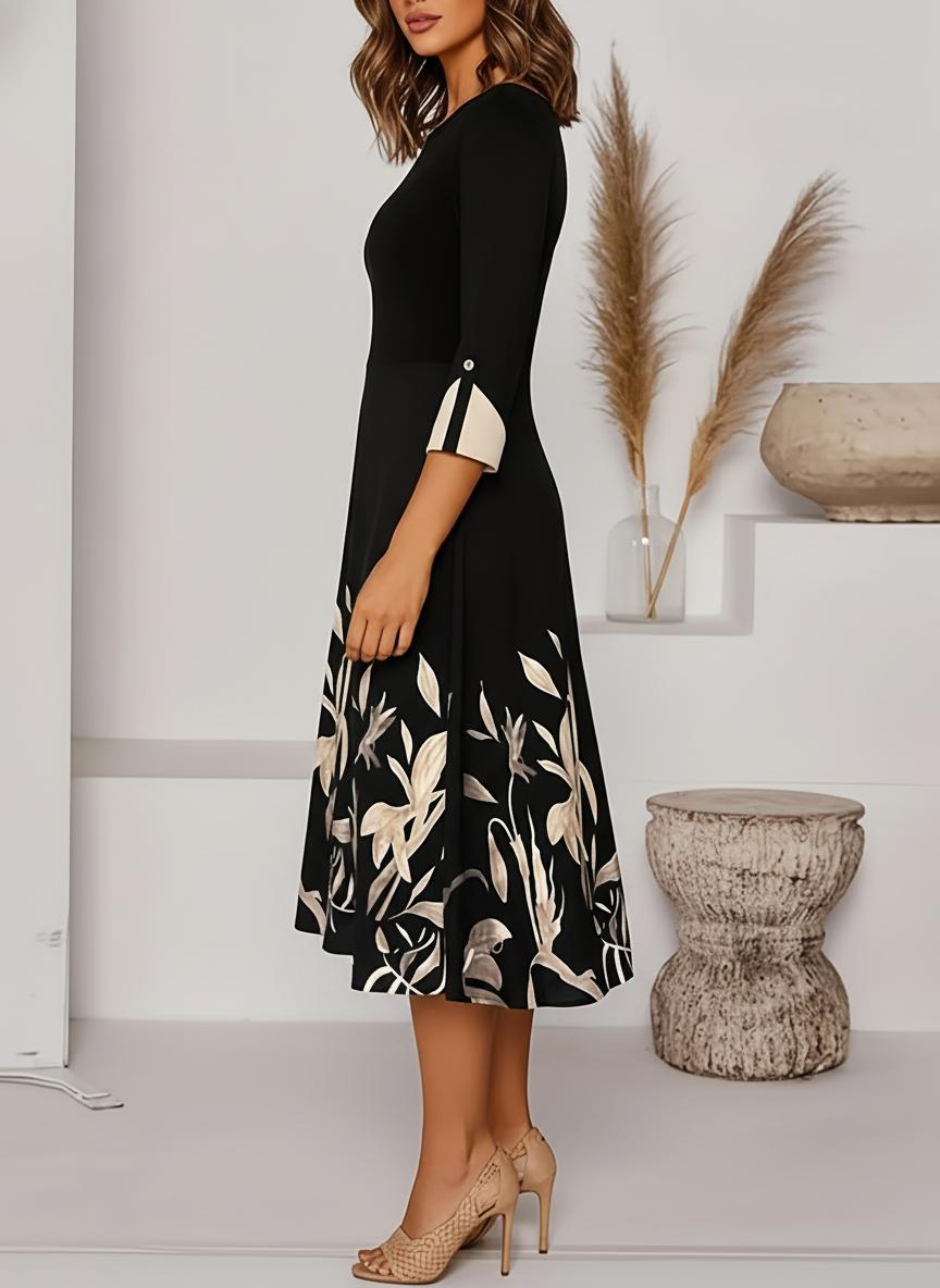 Black Floral Print A-Line Midi Dress