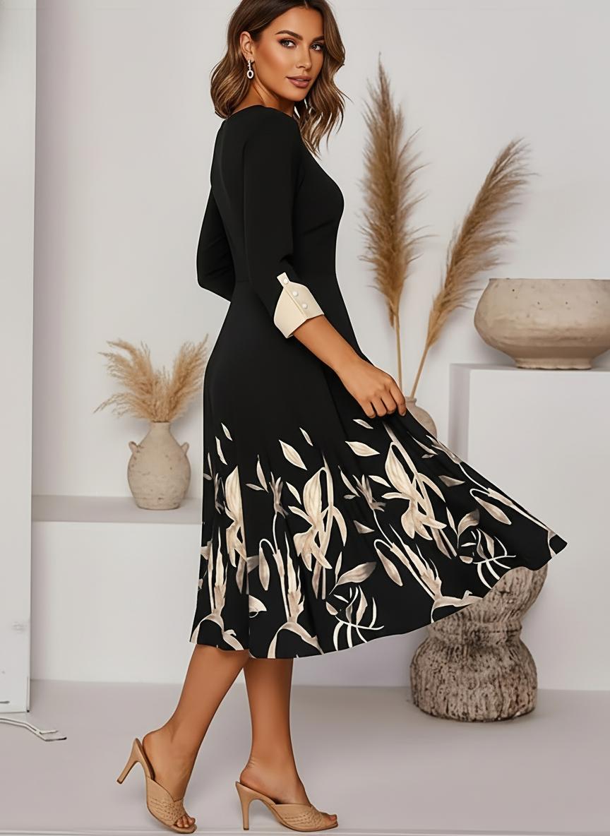 Black Floral Print A-Line Midi Dress