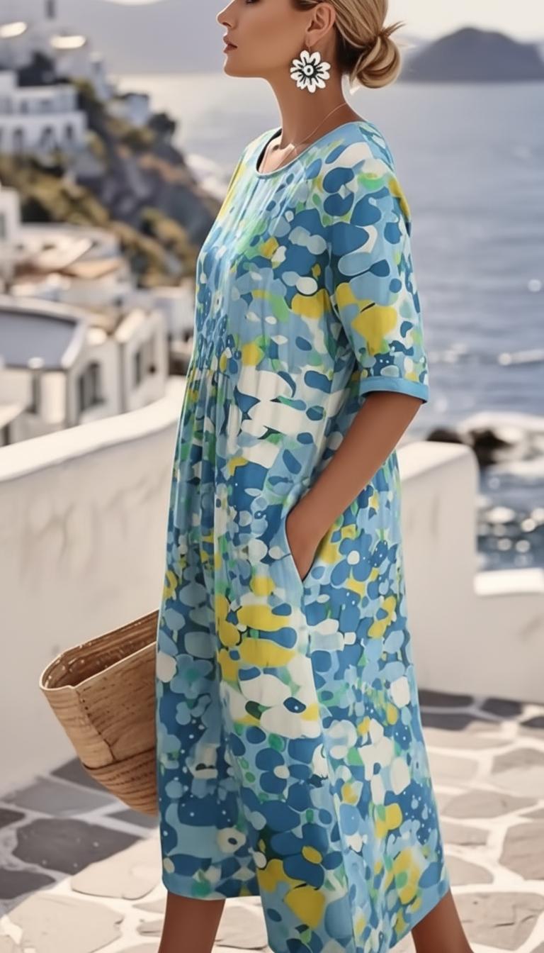 Blue Abstract Floral Print Casual Midi Dress