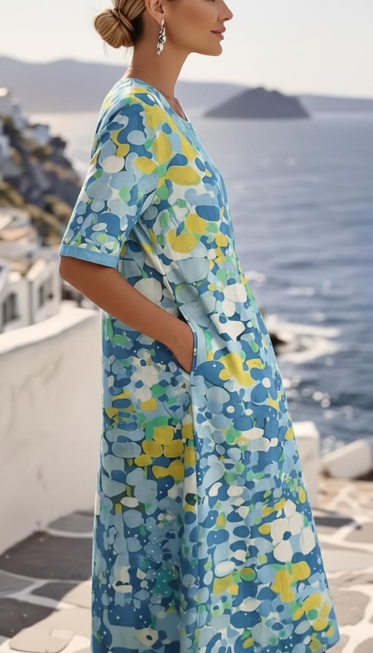 Blue Abstract Floral Print Casual Midi Dress
