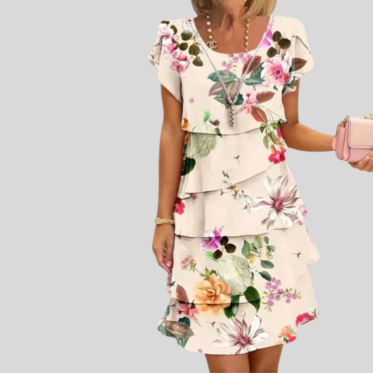 Women's Floral Maxi Dress Cascading Layers Short Sleeve Summer