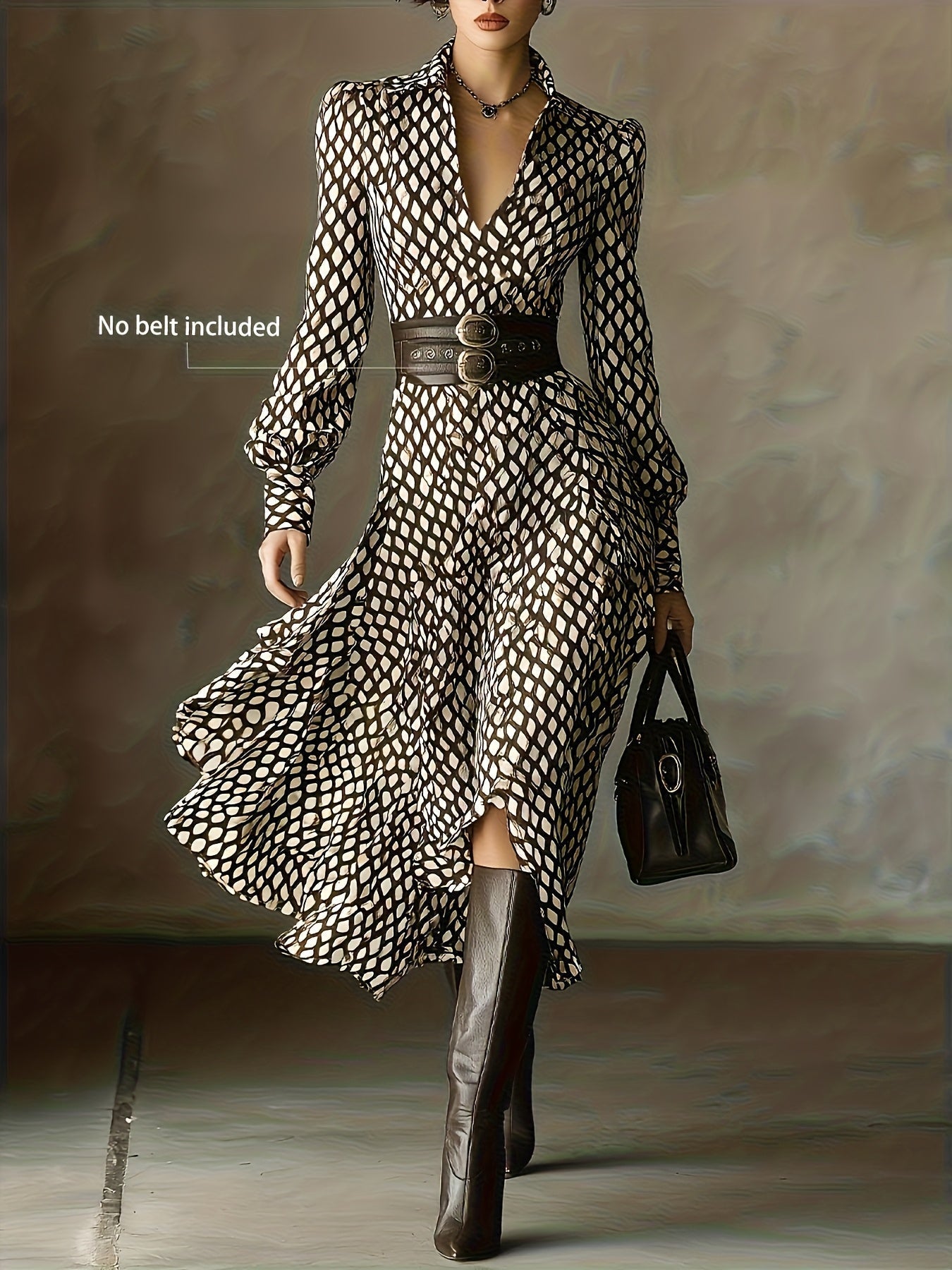 Women's Vintage Rhombus Print Maxi Dress Flowing Silhouette Elegant Casual