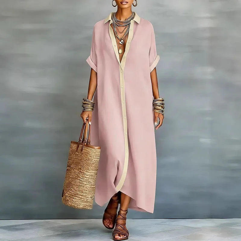 Women's Maxi Dress Collared Short Sleeve Summer Casual