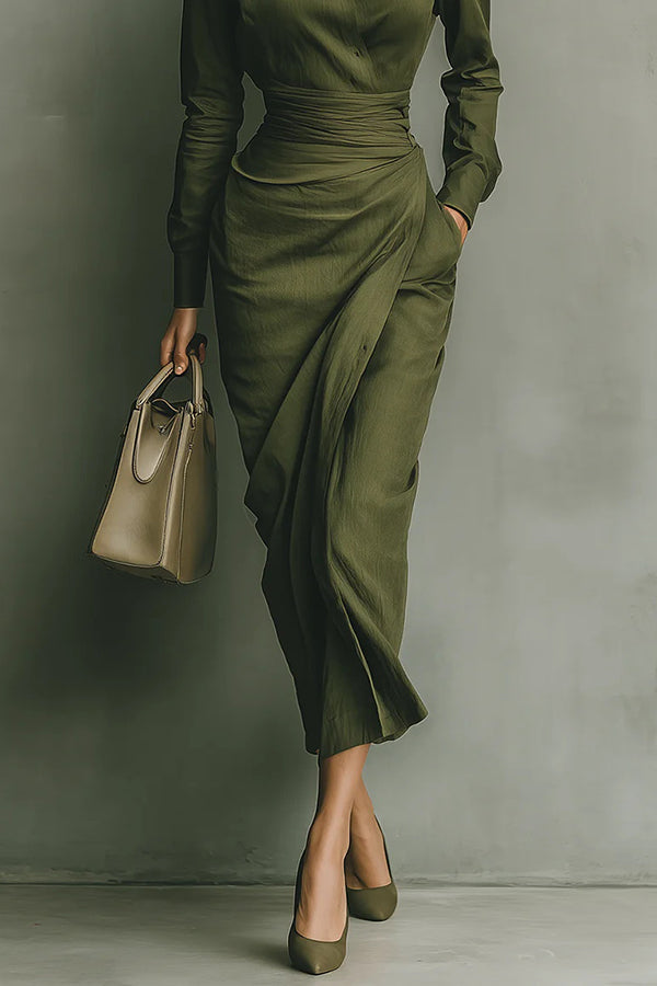 Women's Wrap-Style Maxi Dress Collared Button-Down Long Sleeve Elegant