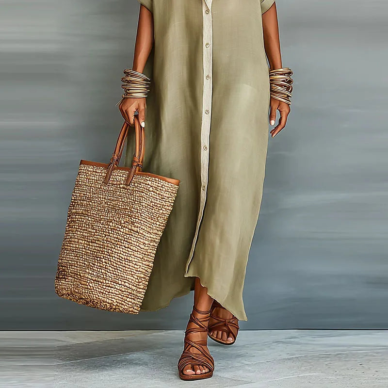 Women's Maxi Dress Collared Short Sleeve Summer Casual