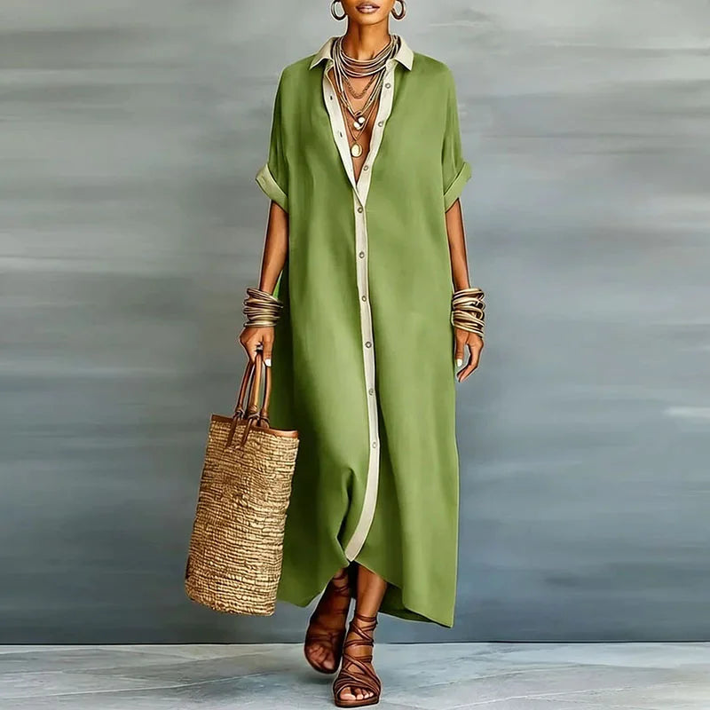 Women's Maxi Dress Collared Short Sleeve Summer Casual