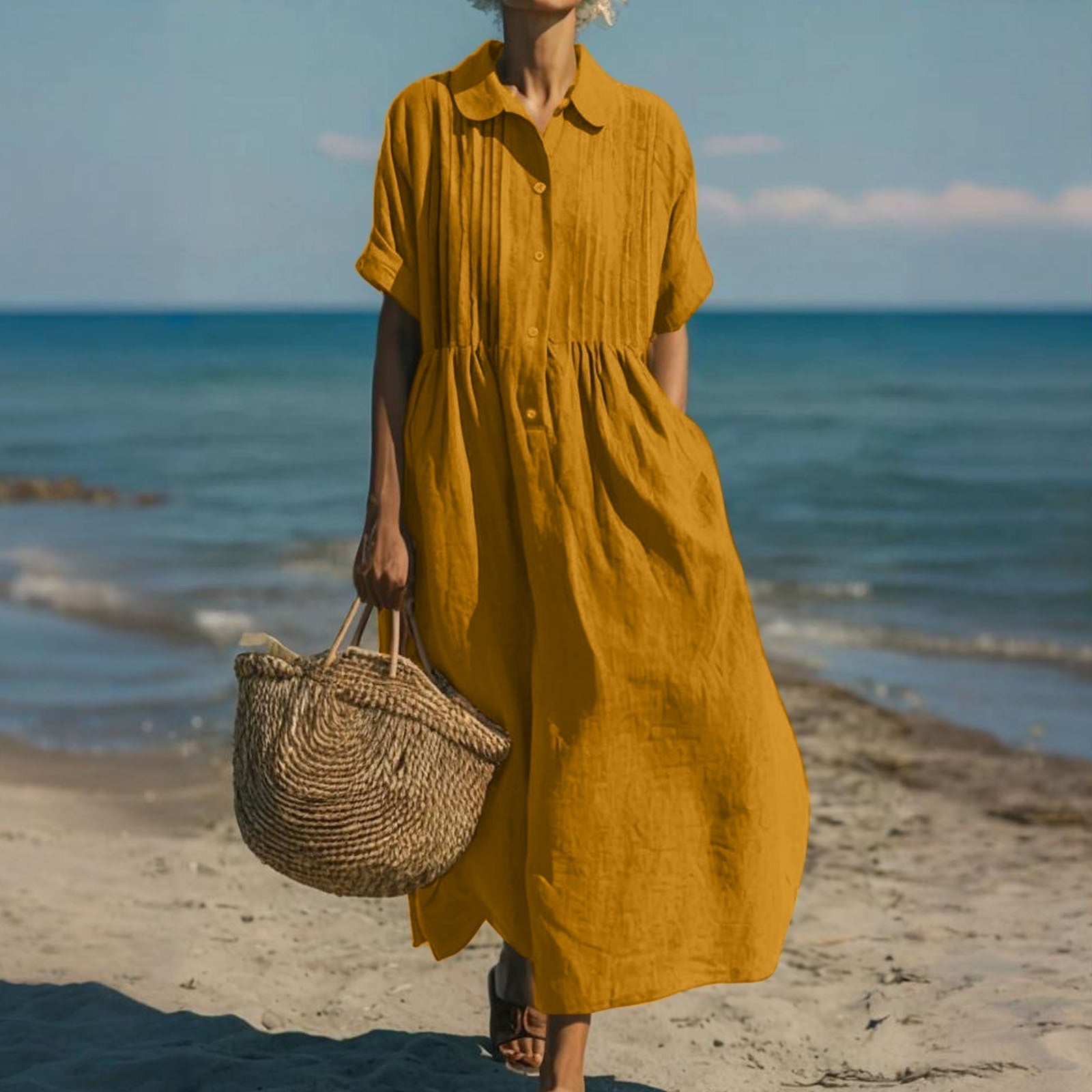 Women's Collared Button Dress | Short Sleeve | Midi Length | Casual