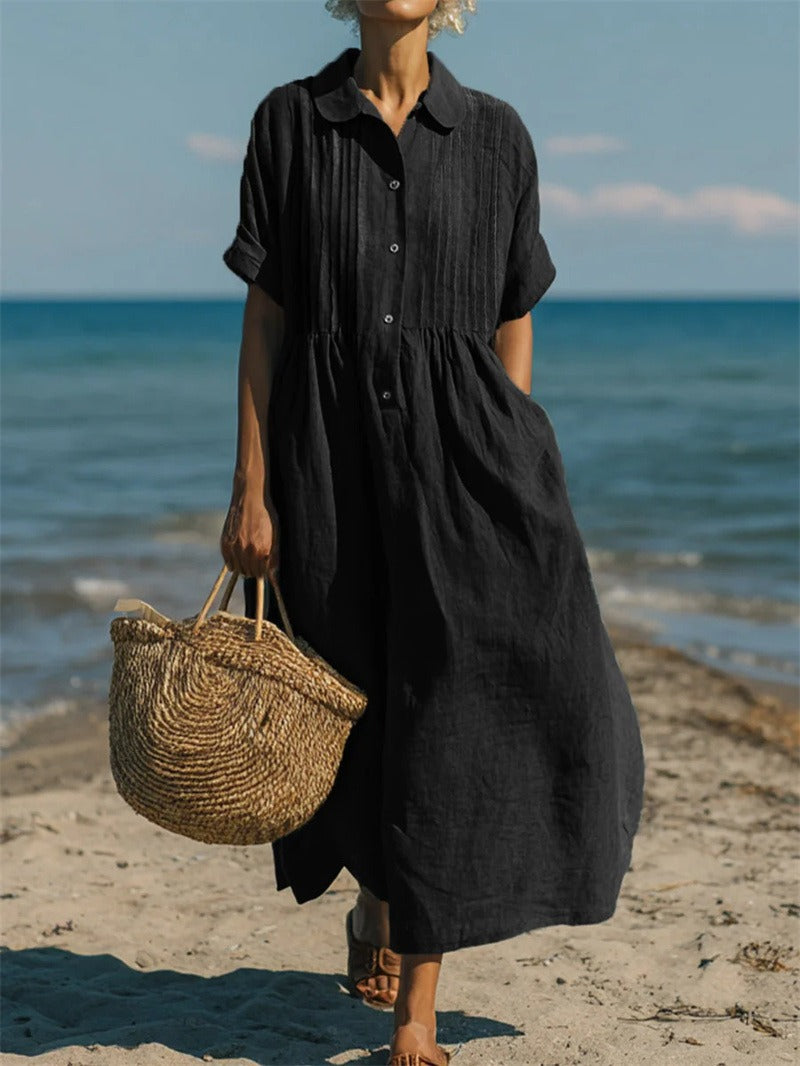 Women's Collared Button Dress | Short Sleeve | Midi Length | Casual
