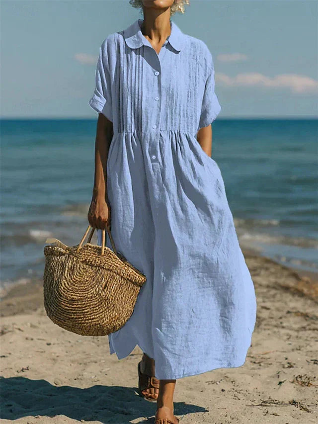 Women's Collared Button Dress | Short Sleeve | Midi Length | Casual
