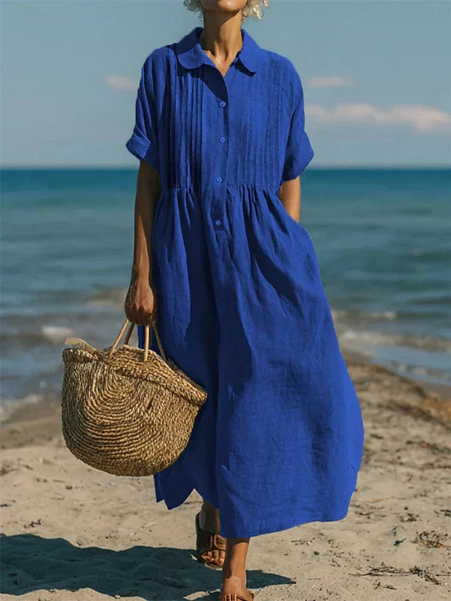 Women's Collared Button Dress | Short Sleeve | Midi Length | Casual