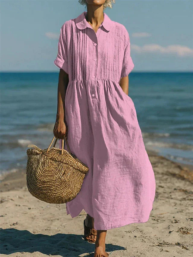 Women's Collared Button Dress | Short Sleeve | Midi Length | Casual
