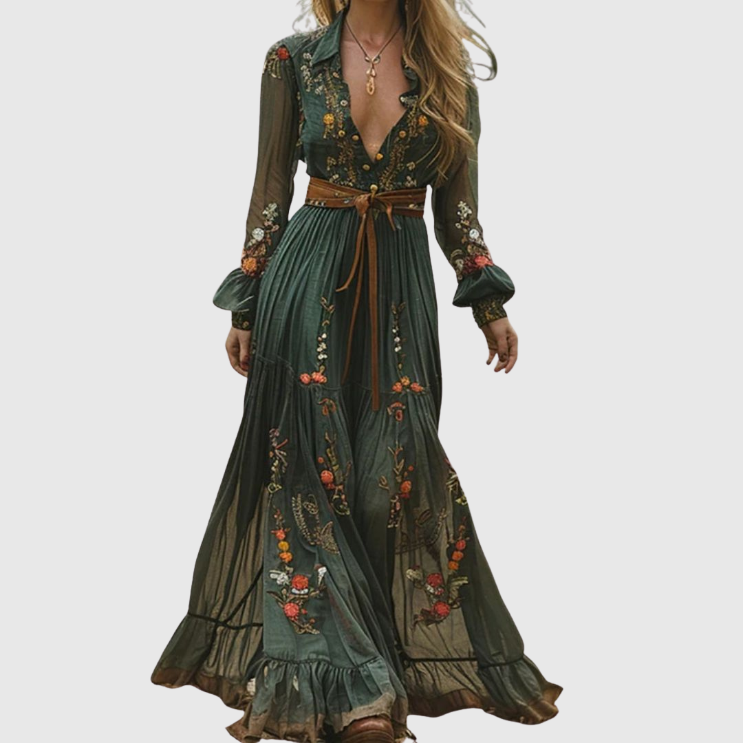 Alina | Women's Boho Floral Maxi Dress with Sheer Sleeves 2