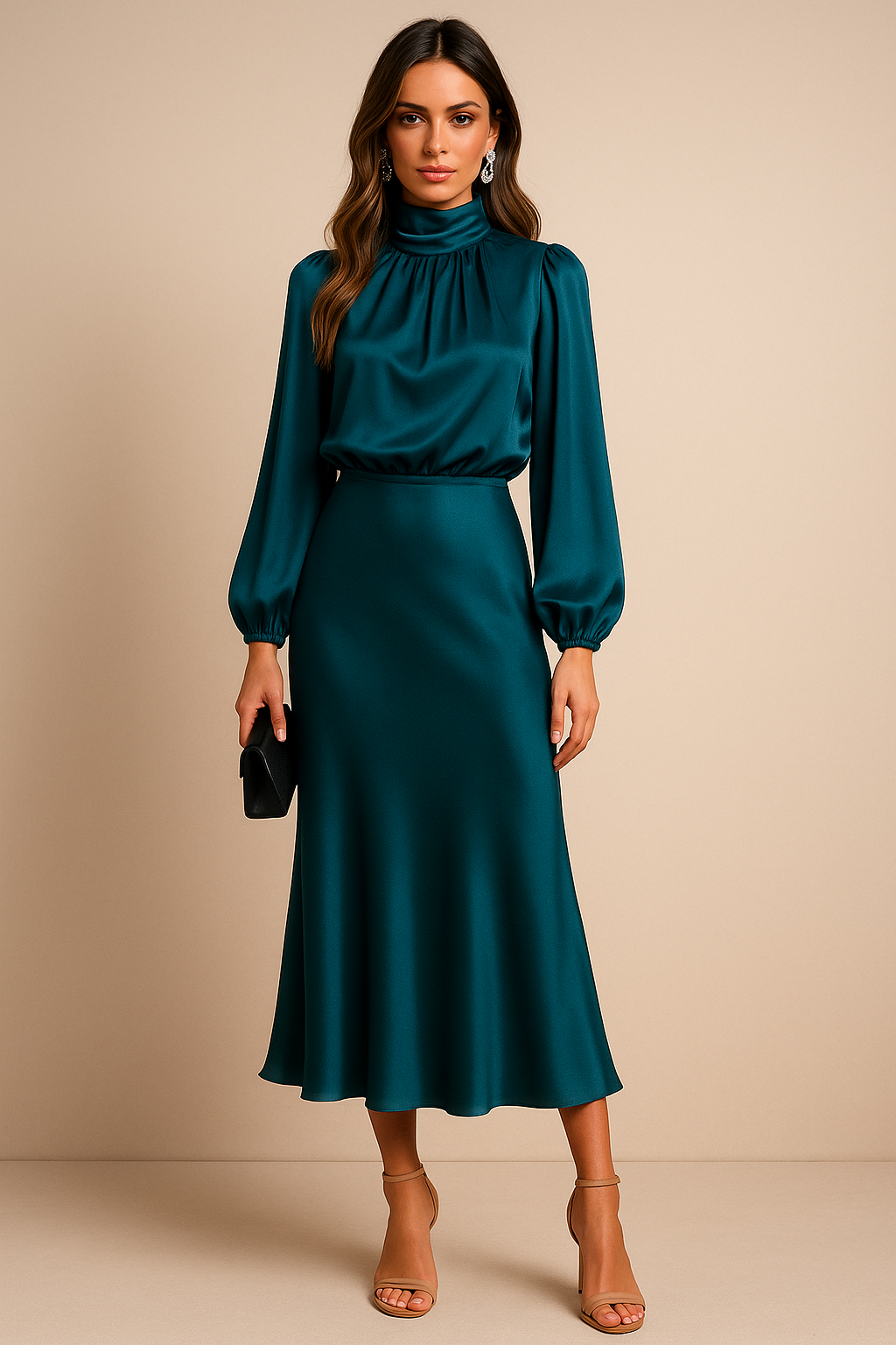 Women's High Waist Midi Dress Cotton Blend Elegant Casual Formal