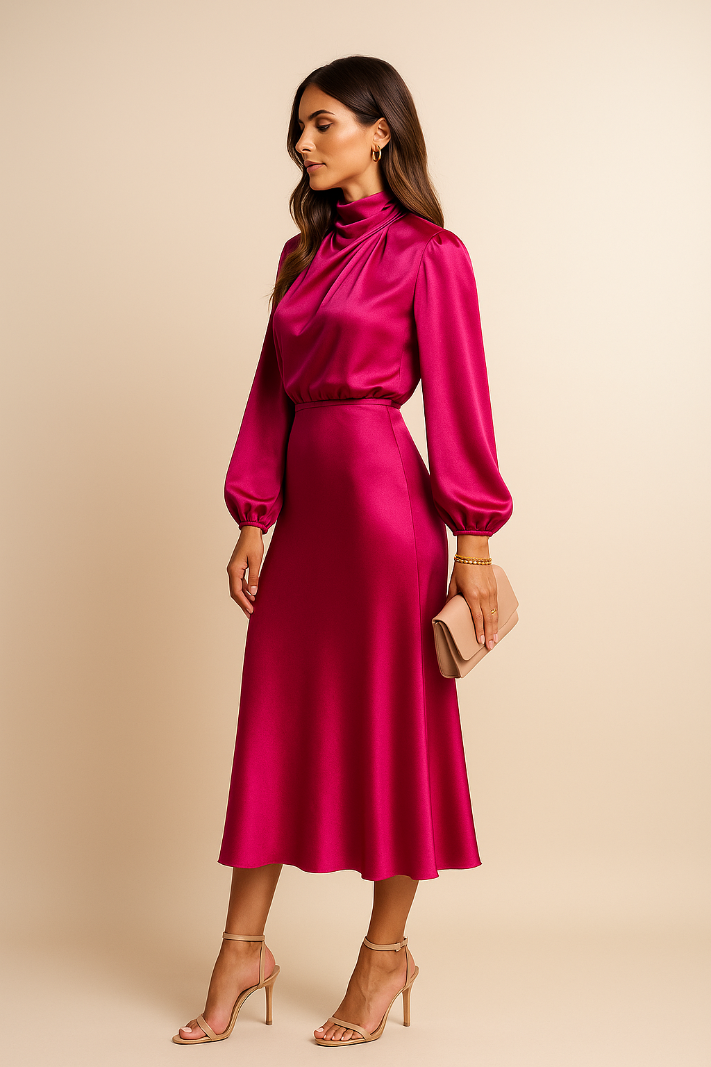 Women's High Waist Midi Dress Cotton Blend Elegant Casual Formal