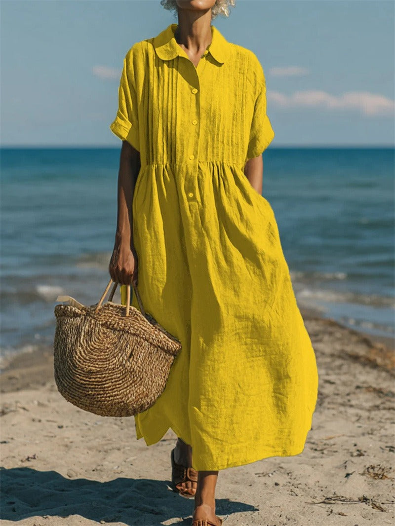 Women's Collared Button Dress | Short Sleeve | Midi Length | Casual