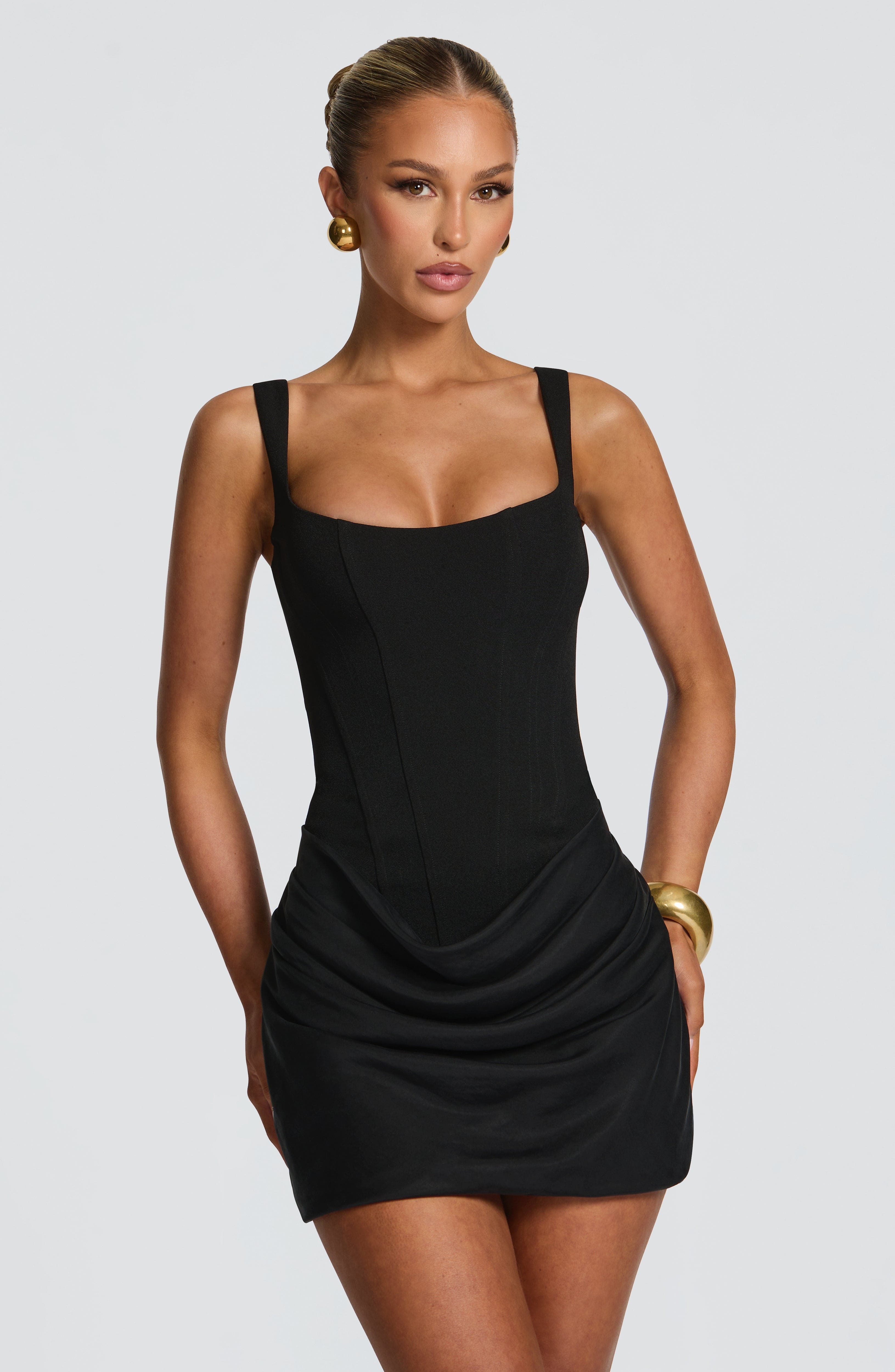 Women's Mini Dress Cowl Neck Overlay Structured Crepe Casual