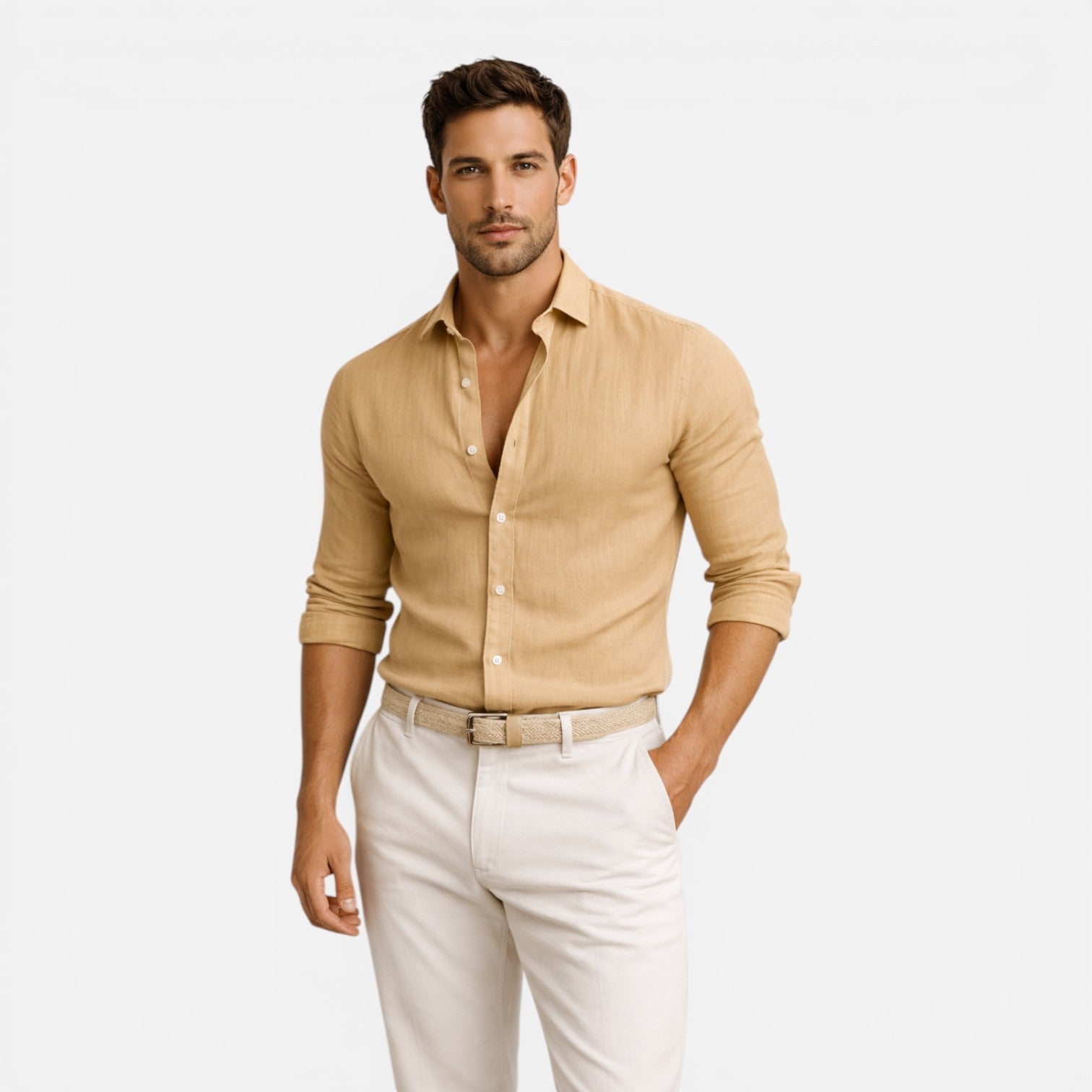Men's Slim Fit Linen Cotton Blend Shirt Breathable Button Down Casual Elegant