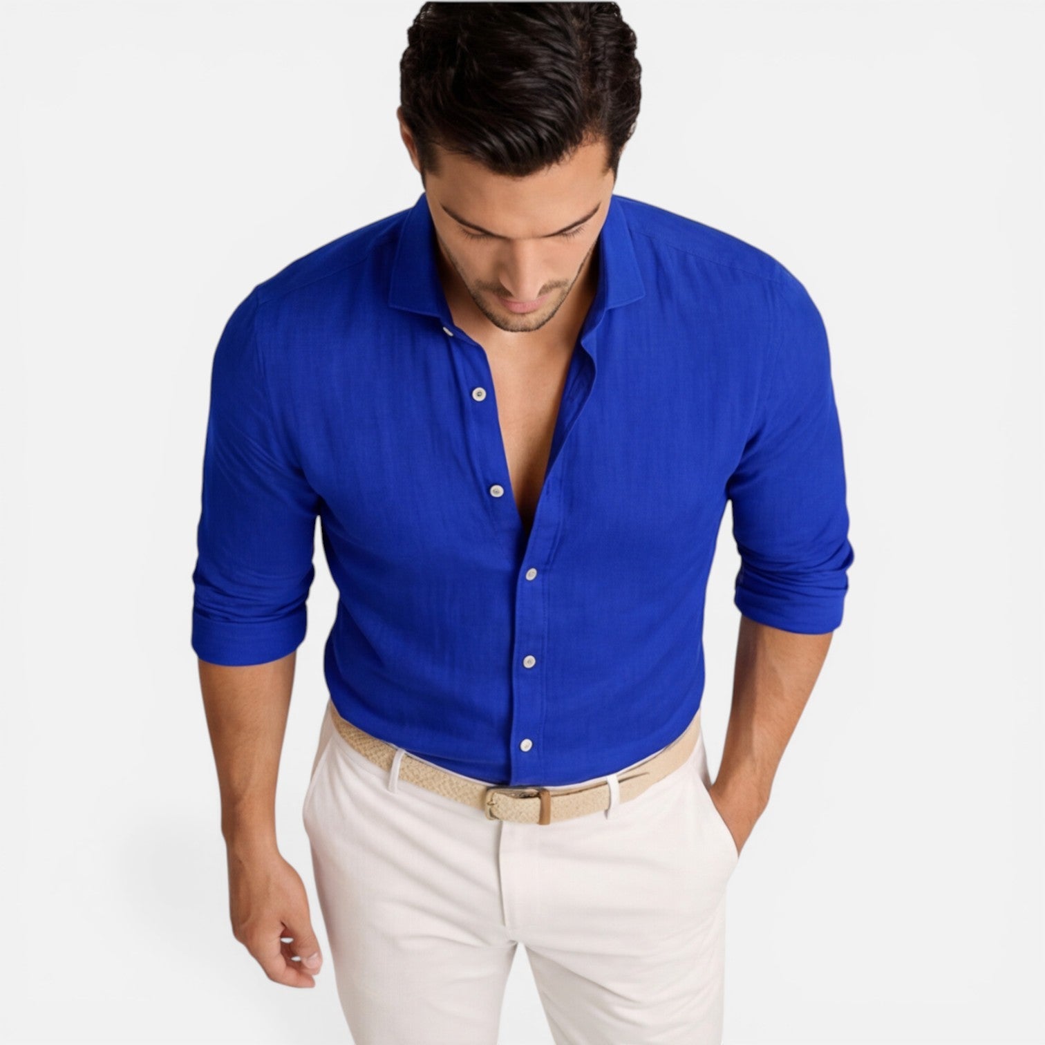 Men's Slim Fit Linen Cotton Blend Shirt Breathable Button Down Casual Elegant