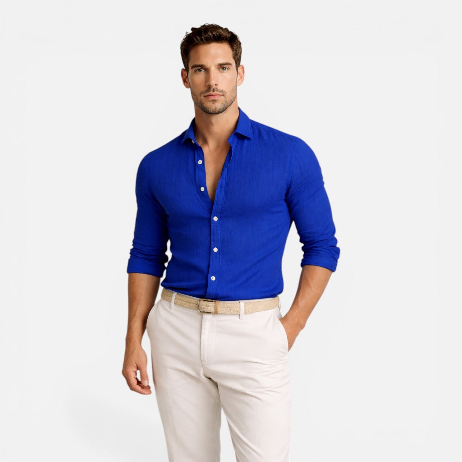 Men's Slim Fit Linen Cotton Blend Shirt Breathable Button Down Casual Elegant
