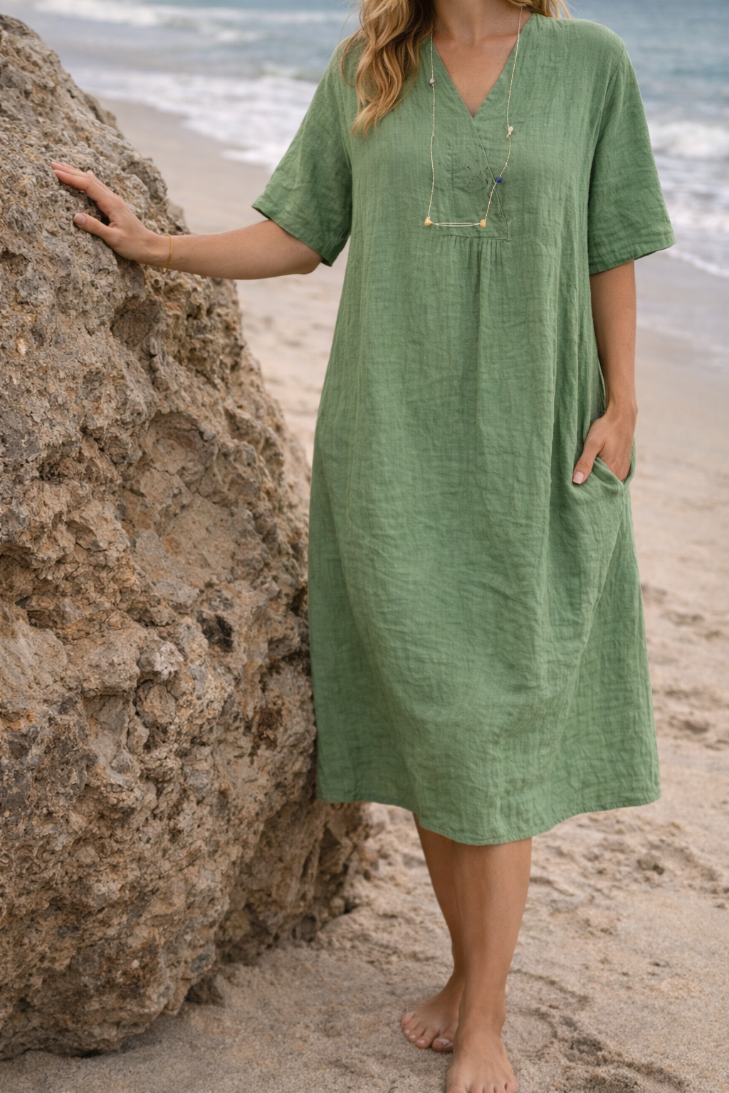 Women's Midi Dress V-Neck Short Sleeve Linen Casual