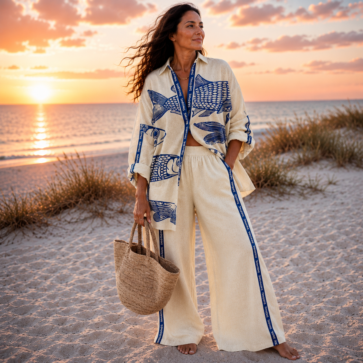 Women's Co-Ord Set Ocean Print Relaxed Fit Casual Outfit