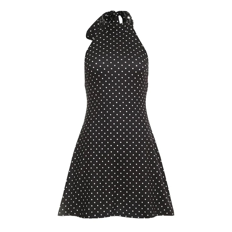 Women's Halter Mini Dress Black Polka Dot Slim Fit Summer Party Dress