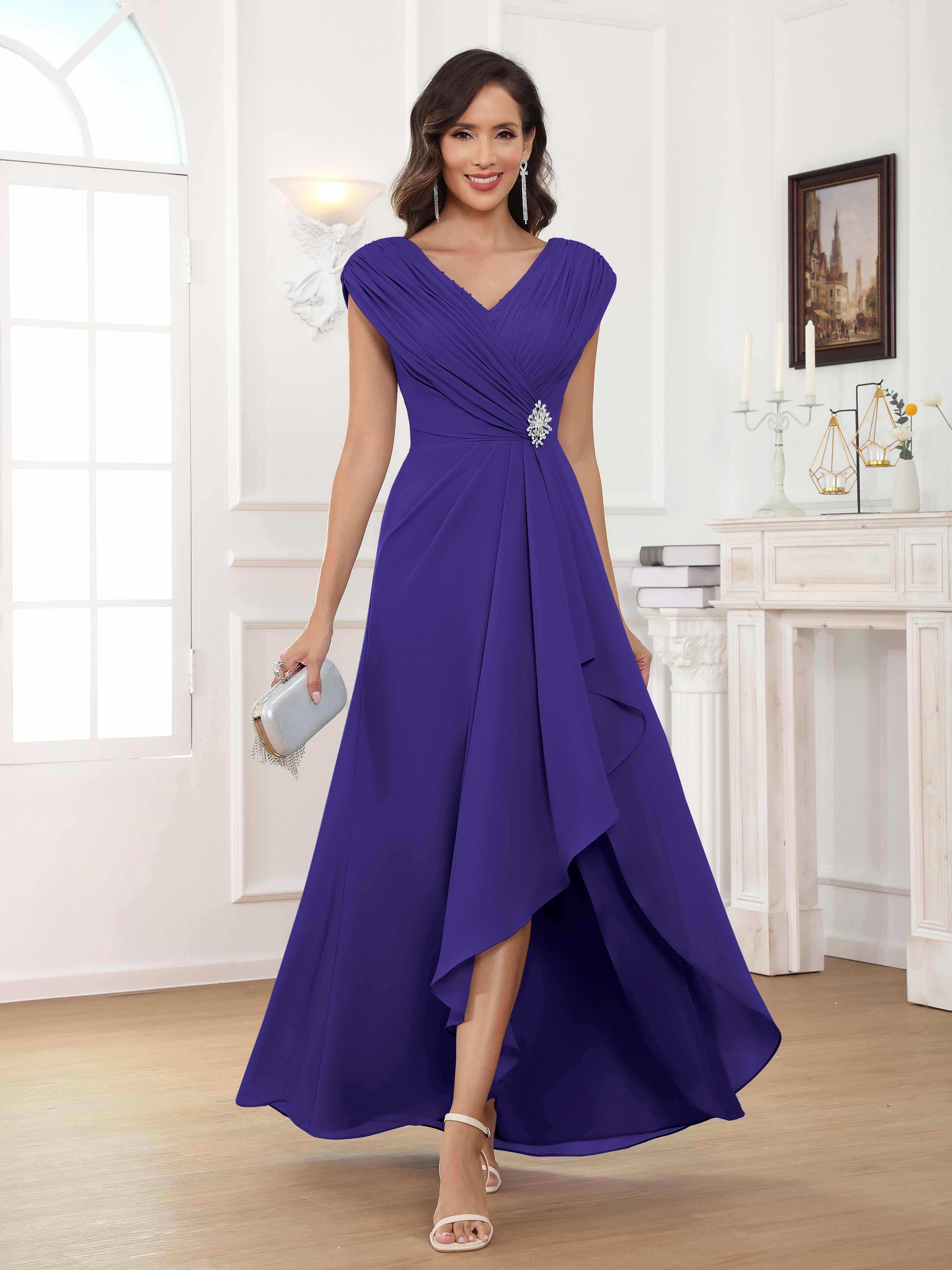 Women's A-Line Beaded Pleated Long Chiffon Mother Of The Bride Dress