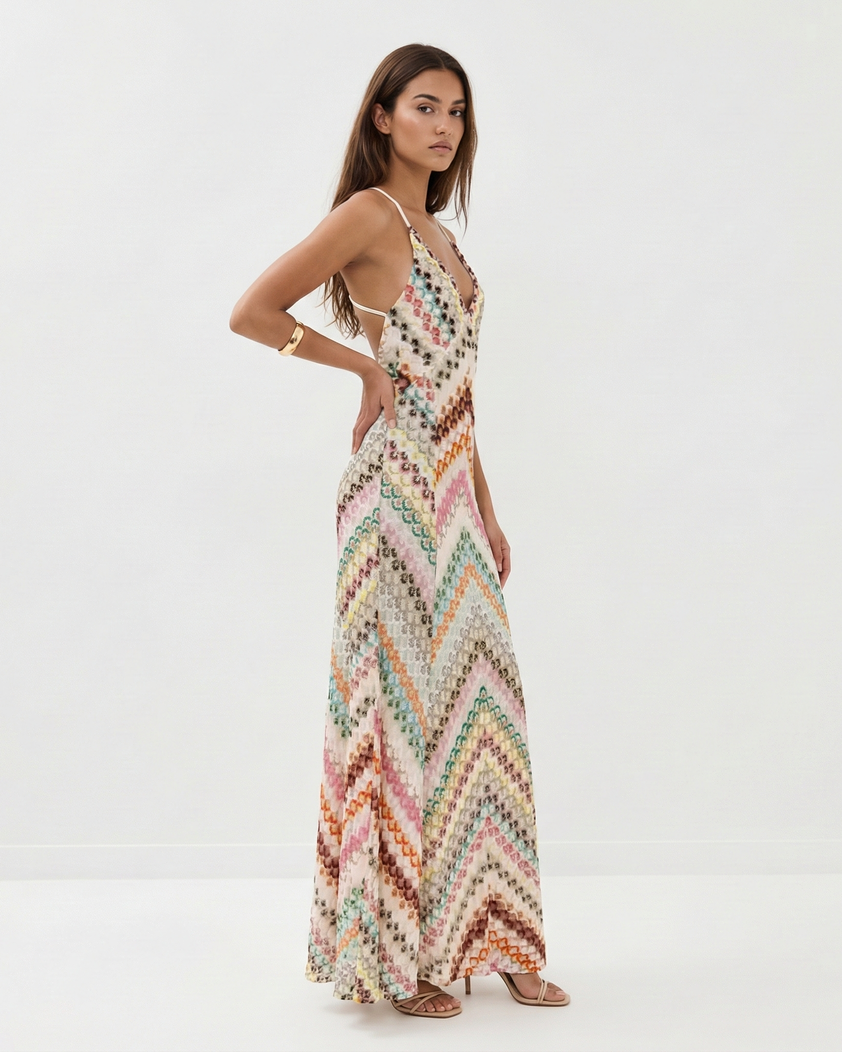 Backless Knit Maxi Dress – V-Neck Spaghetti Strap Striped