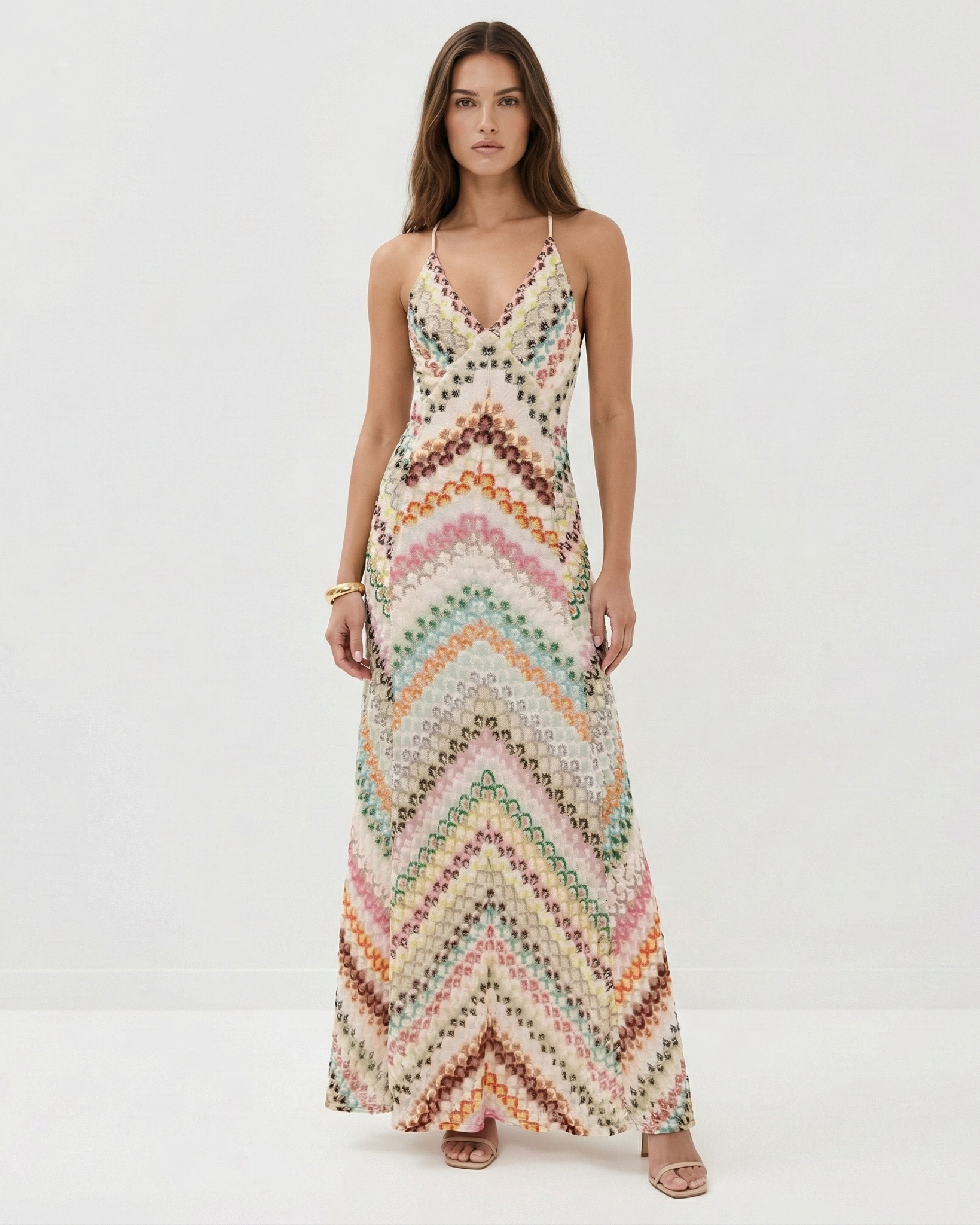 Backless Knit Maxi Dress – V-Neck Spaghetti Strap Striped