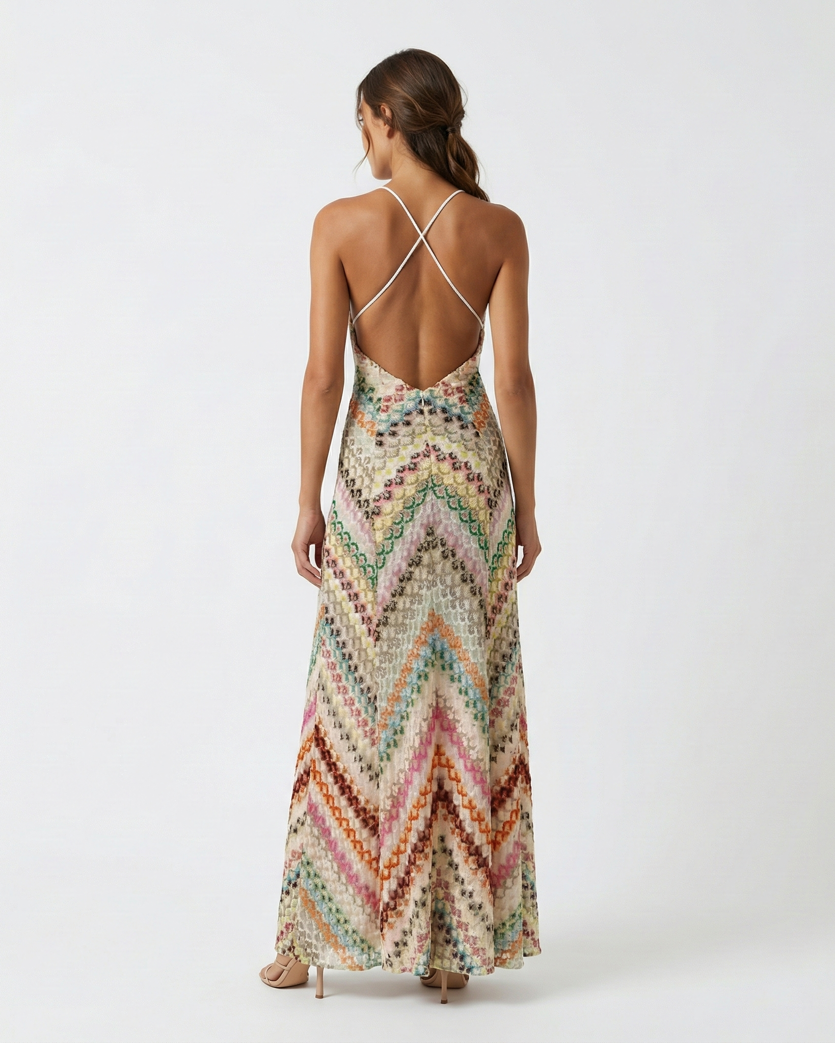 Backless Knit Maxi Dress – V-Neck Spaghetti Strap Striped