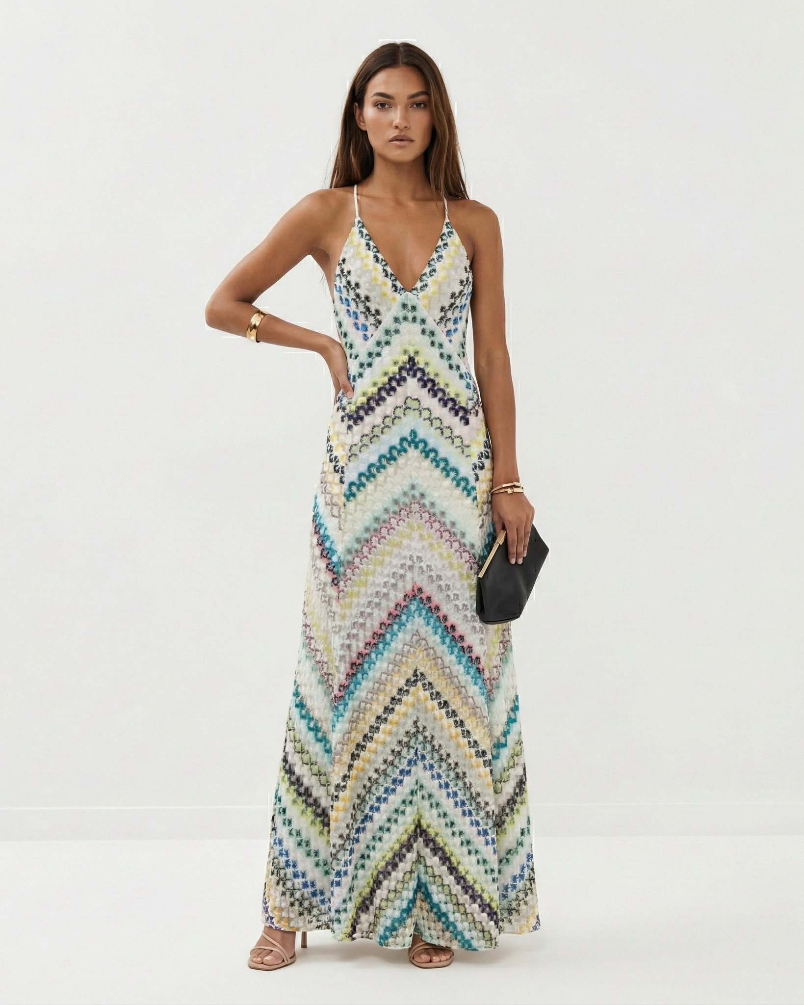 Backless Knit Maxi Dress – V-Neck Spaghetti Strap Striped