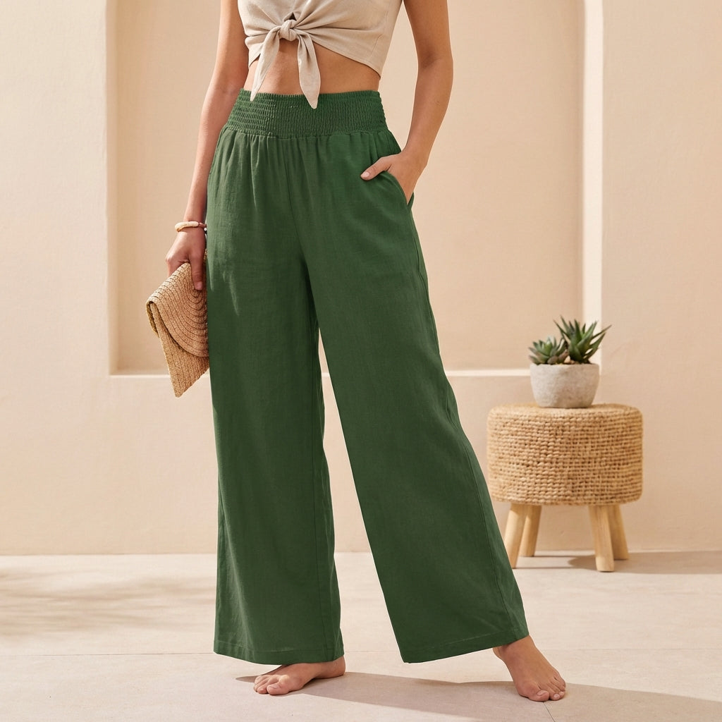Alexandra Wide-Leg Pants for Women – Cotton Linen Smocked Waist Trousers
