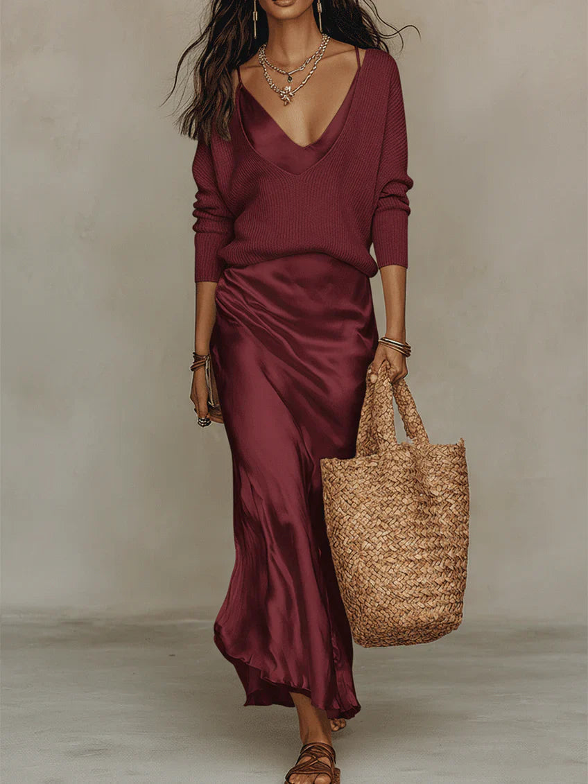 Aria | Satin Midi Set with Coordinating Knit