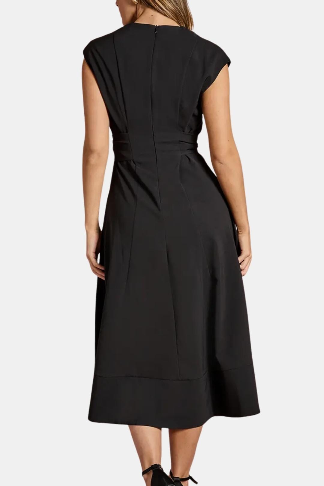 Women's Midi Dress Belted V-Neck Crepe Elegant Casual